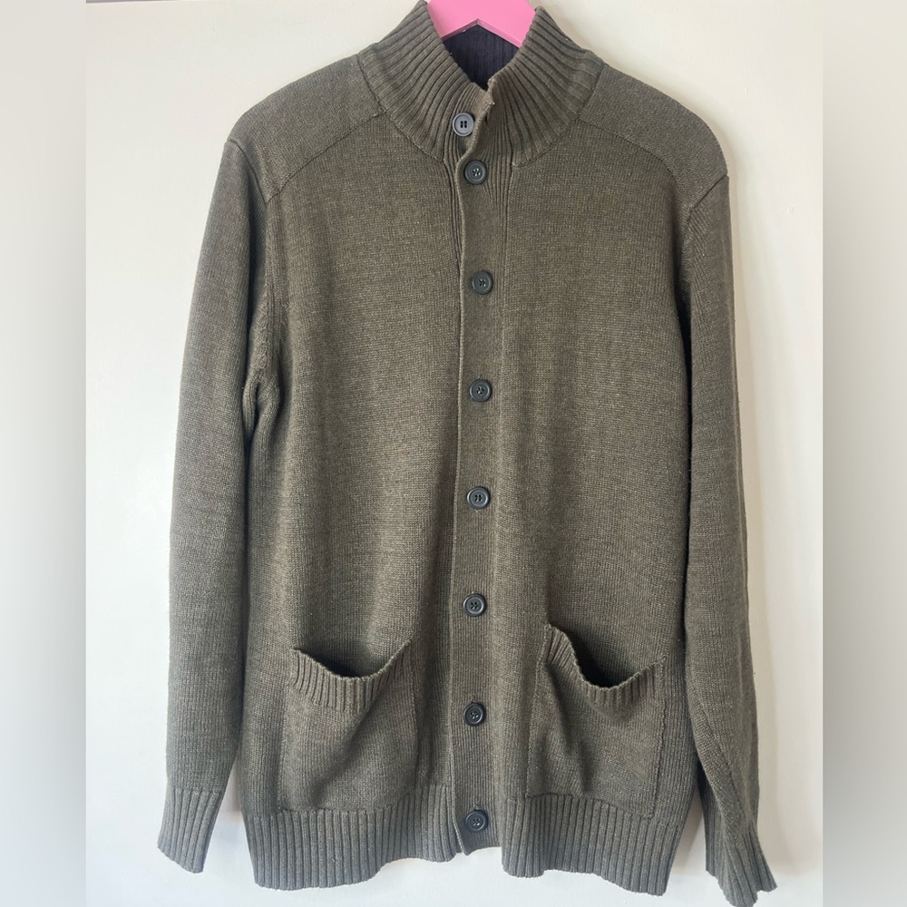 Oscar De La Renta Button Up Cardigan Sweater Unisex Green Brown Cotton